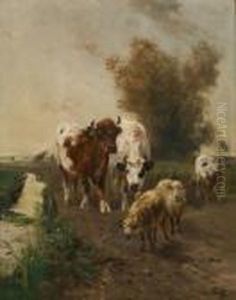 Vaches Et Moutons Au Bord Duruisseau by Henry Schouten