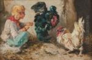 Jeune Garcon Nourrissant Des Coqs