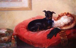 Her Favourite Pet a Manchester Terrier on a red cushion by Thomas Smythe