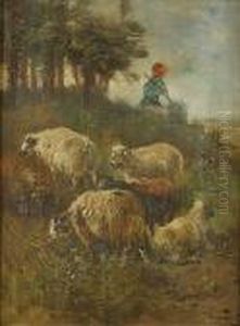 Herderinnetje Met Kudde Schapen by Henry Schouten