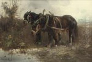 Horses Near A Pond by Henry Schouten