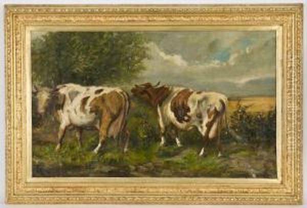 Depicting A Springtime Landscape With Two Cows Grazing - view 1