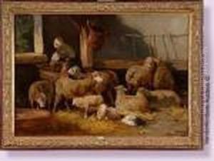 Bergere Et Son Troupeau Dans La Bergerie by Henry Schouten
