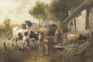 Bauerin Mit Kuhen Und Schafen Vor Gehoft
