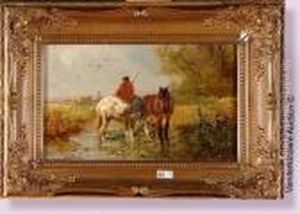 Fermier Et Ses Chevaux Au Ruisseau by Henry Schouten