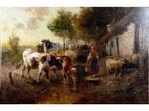 La Gardienne De Vaches Huile Sur Toilesignee En Bas A Gauche 60 X 90 by Henry Schouten