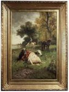 Cows On Asummery Pasture At The Border Of A Wood by Henry Schouten
