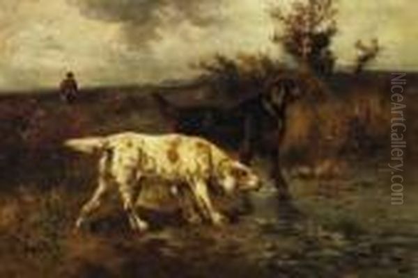 Hunting Hounds In A Vast Fall Landscape. In The Background An Approaching Hunter. - view 1