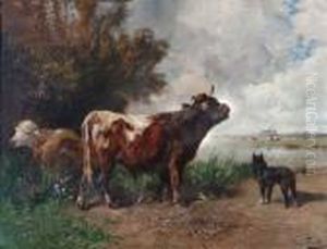 A Gloucester Bull With Cow And Dog On A Bank With Marshy Landscape
Beyond by Henry Schouten
