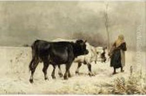 A Peasant Woman With Her Cattle In A Winter Landscape by Henry Schouten