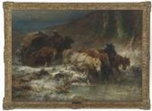 Sechsspanniger Walachischer Guterwagen An Vereister Furt. by Adolf Schreyer