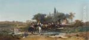 Caravan Of Oriental Riders At A River by Adolf Schreyer