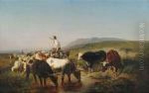 A Flock With Herdboy On A Donkey In An Extensive Landscape. by Adolf Schreyer