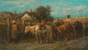 Rider With Horses Before A Courtyard. by Adolf Schreyer