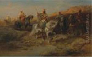 Arab Horsemen By An Oasis by Adolf Schreyer