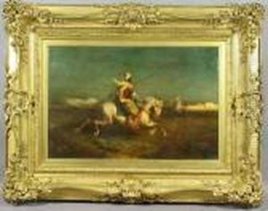 Schreyer, Arabs On Horseback, O/c by Adolf Schreyer