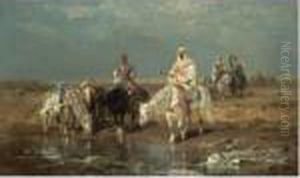 Horsemen By A Watering Hole by Adolf Schreyer