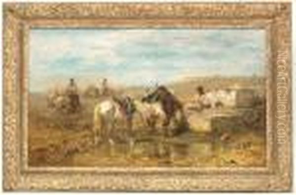 Oriental Landscape With Horsemen And Their Pack Animals At A Fountain - view 1