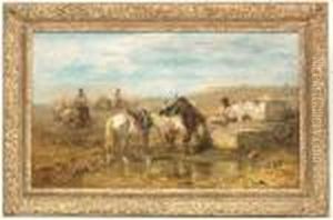 Oriental Landscape With Horsemen And Their Pack Animals At A Fountain