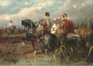 Two Arabs Fording A Stream by Adolf Schreyer