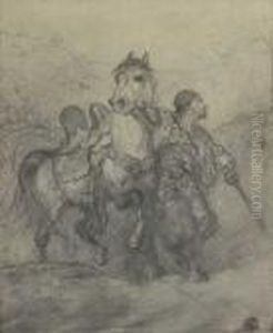 Arabischer Kampfer Fuhrt Sein Pferd by Adolf Schreyer