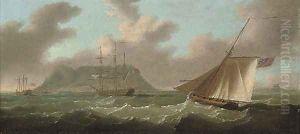A view of Gibraltar from the south with H.M.S. Ajax anchored in the bay and the armed cutter Frisk approaching her stern
