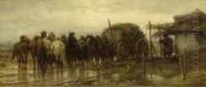 Adolf Schreyer . Horses And Horsemen With Carriage, Signed, Lower Right by Adolf Schreyer