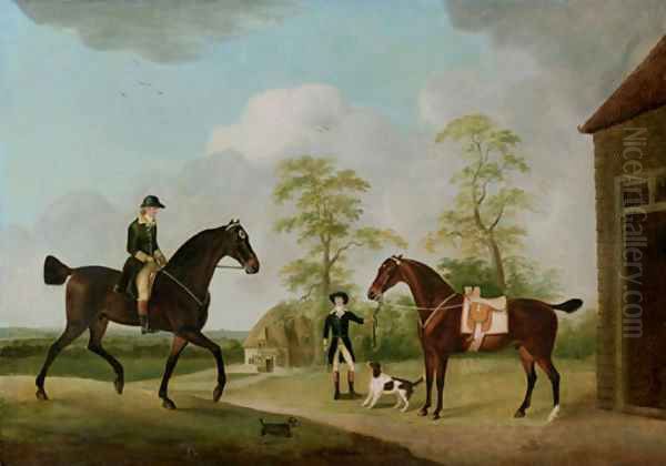 A Master of Foxhounds, said to be a Member of the Bowes Family, with an Attendant, a Saddled Bay Hunter and a Hound - view 1