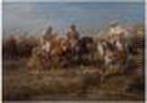 Arab Horsemen Preparing For Battle by Adolf Schreyer
