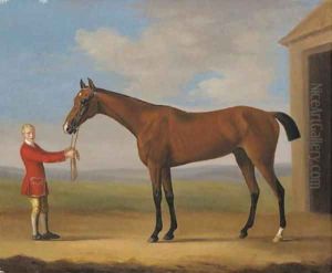 Sir Patrick Blake's Sir Anthony held by a groom by a stable in a landscape by Francis Sartorius