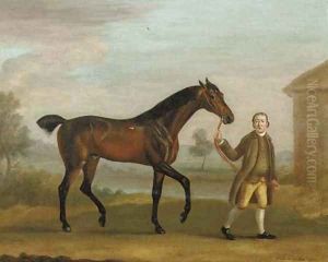 A bay hunter and a groom in a landscape by Francis Sartorius