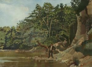 Angler An Bewaldetem Flussufer by Johann Robert Schuerch