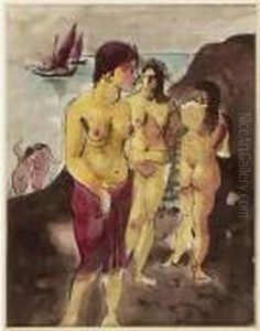 Badende An Meereskuste by Johann Robert Schuerch