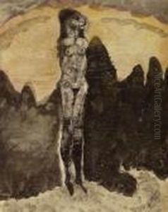 Stehender Frauenakt In Landschaft by Johann Robert Schuerch