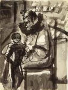 Sitzender Clown Mit Kind by Johann Robert Schuerch