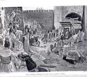 How Chinese Maninkins on a wall save a town, illustration from Hutchinsons History of the Nations, c.1920 by H. Sepping Wright