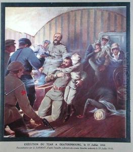 Execution of Tsar Nicholas II 1868-1918 and his Family at Yekaterinburg, 17th July 1918, from Histoire des Soviets by H. de Weindel, 1923-24 by S. Sarmat