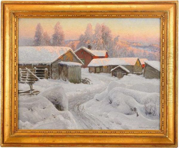 Aftonrodnad Over Norrlandsk Gardsmiljo - view 1
