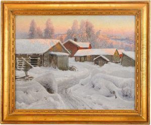 Aftonrodnad Over Norrlandsk Gardsmiljo by Anshelm Schultzberg