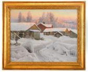 Aftonrodnad Over Norrlandsk Gardsmiljo by Anshelm Schultzberg