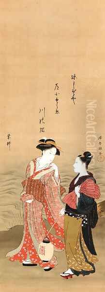 Geisha and attendant by a river - view 1
