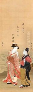 Geisha and attendant by a river by Katsukawa Shuncho