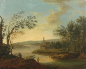 Cavaliers Et Pecheurs Pres D'un Lac by Christian Georg Schuttz II