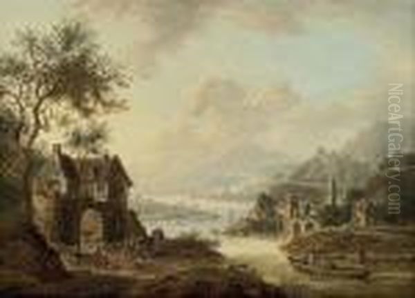 An Extensive Rhenish River Landscape With Figures Beside A Ruinedarch, Mountains Beyond - view 1