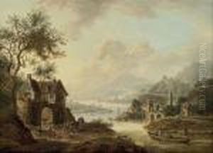 An Extensive Rhenish River Landscape With Figures Beside A Ruinedarch, Mountains Beyond