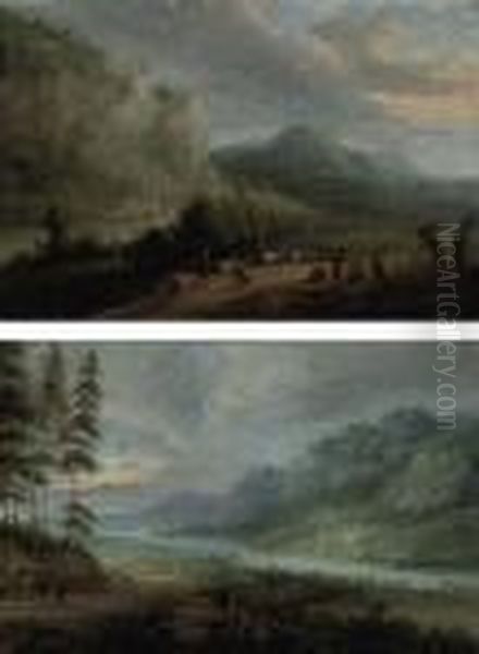 A Mountainous Wooded River Landscape With Shepherds And Theircattle - view 1
