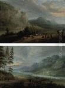 A Mountainous Wooded River Landscape With Shepherds And Theircattle by Christian Georg Schuttz II