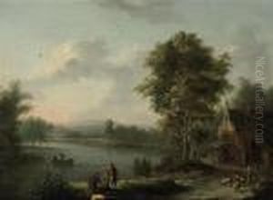A River Landscape With Anglers On A Bank And A Shepherd With Hisflock On A Track