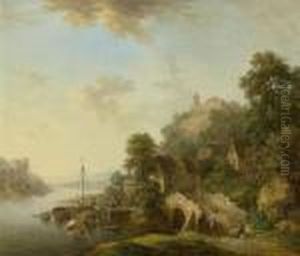 Rhine Valley With View Over The Town Of Braubach With Marksburg by Christian Georg Schuttz II