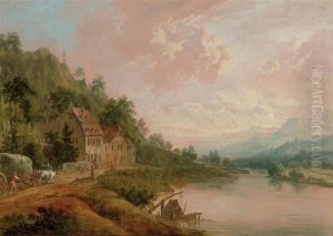 A Mountainous River Landscape With Figures And A Hay-cart On Atrack By A Cottage A Mountainous River Landscape With Figures And A Hay-cart On Atrack By A Cottage